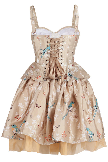 Champagne Garden Corset & Skirt Set with Butterfly and Bird Print