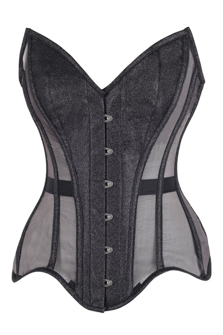 Midnight Sheer Mesh Corset – Shimmer Black Lace-Up Waist Cincher