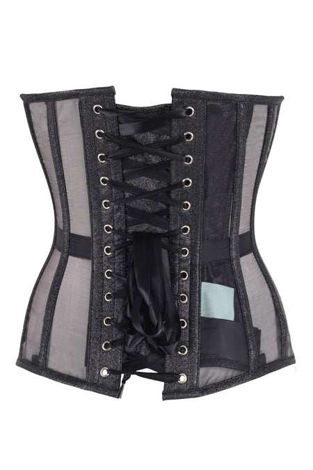 Midnight Sheer Mesh Corset – Shimmer Black Lace-Up Waist Cincher