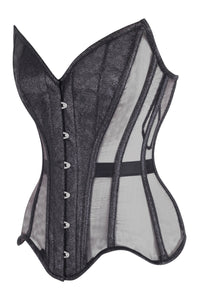 Midnight Sheer Mesh Corset – Shimmer Black Lace-Up Waist Cincher