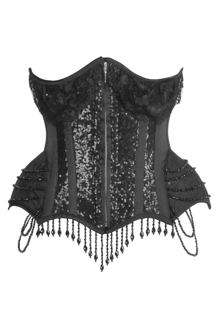 Elegant Gothic Black Sequin Corset with Beaded Chains