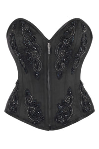 Black Beaded Gothic Zip Corset – Elegant Embellished Bustier