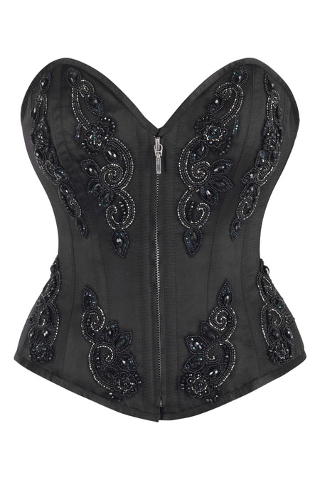 Black Beaded Gothic Zip Corset – Elegant Embellished Bustier