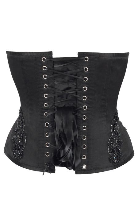 Black Beaded Gothic Zip Corset – Elegant Embellished Bustier
