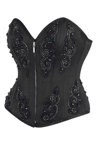 Black Beaded Gothic Zip Corset – Elegant Embellished Bustier