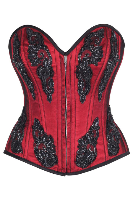 Red Beaded Gothic Zip Corset – Elegant Embellished Bustier