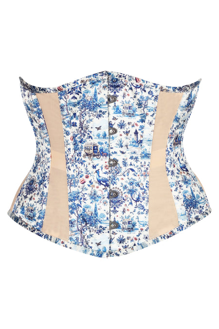 Blue Willow Toile Underbust Corset with Navy Ribbon Lacing
