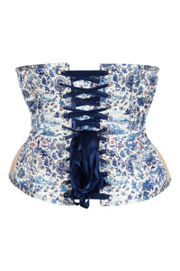 Blue Willow Toile Underbust Corset with Navy Ribbon Lacing