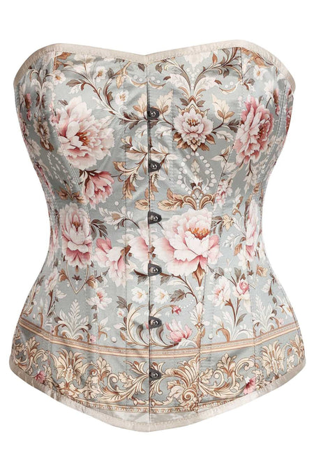 Vintage Floral Brocade Overbust Corset – Pastel Blue & Blush Peony