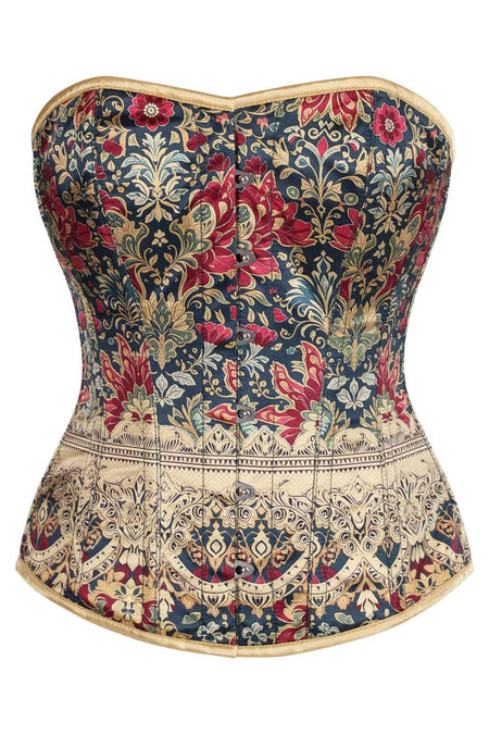 Regal Brocade Overbust Corset – Vintage Gold & Crimson Floral Tapestry