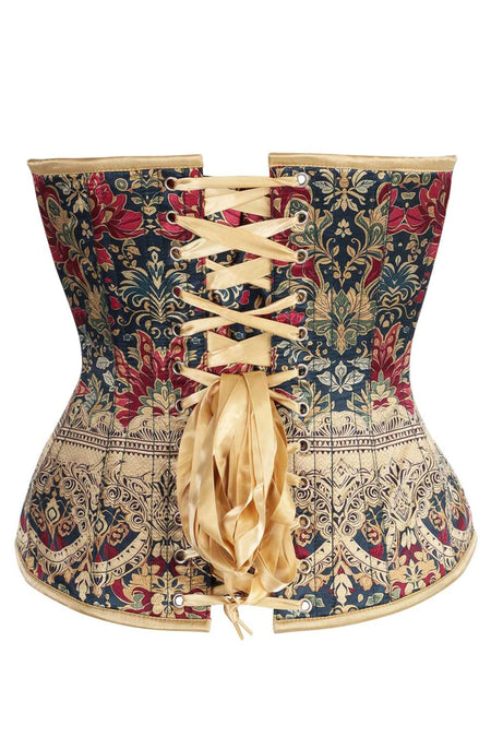 Regal Brocade Overbust Corset – Vintage Gold & Crimson Floral Tapestry