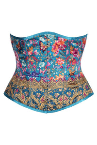 Teal Garden Brocade Corset – Floral & Butterfly Satin Lace-Up