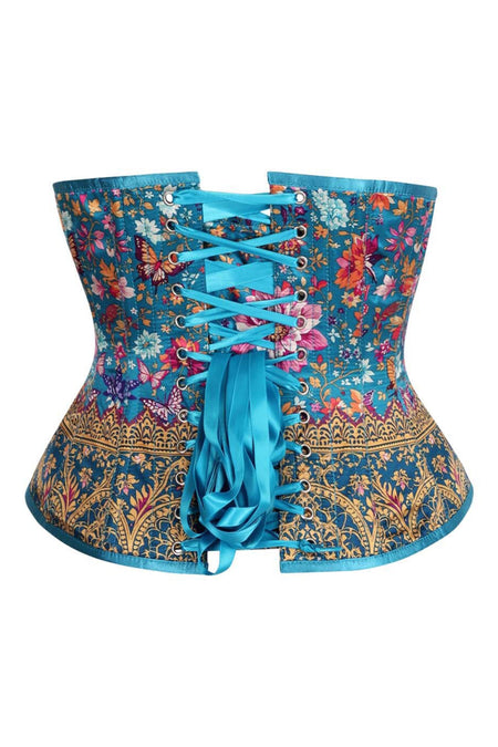 Teal Garden Brocade Corset – Floral & Butterfly Satin Lace-Up