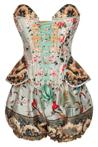 Ornate Aviary Overbust Corset Romper – Floral Tapestry & Songbird Print