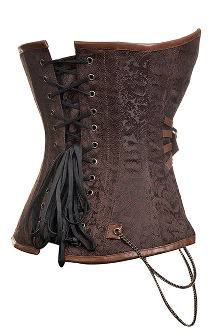 Steampunk-Inspired Brown Brocade Longline Overbust Corset with Faux Leather Accents