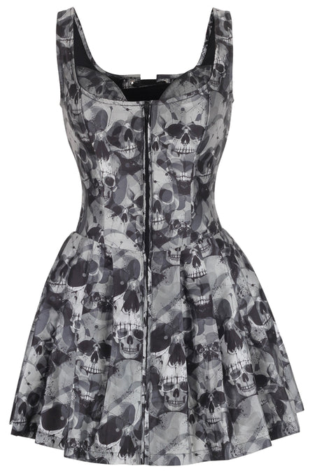 Gothic Skull Print Corset Dress – Zip Front & Lace-Up Back