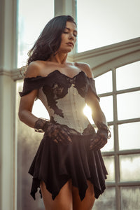 Grey Longline Corset Top with Lace Cap Sleeve