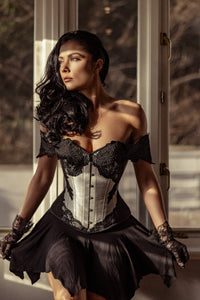 Grey Longline Corset Top with Lace Cap Sleeve