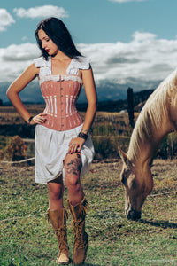 Historically Inspired Terracotta Longline Corset with Lace and Ribbing