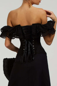 Corset Story SC-036 Alyssum Black Broderie Anglaise Cotton Corset Top with Double Frill Sleeves