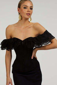 Corset Story SC-036 Alyssum Black Broderie Anglaise Cotton Corset Top with Double Frill Sleeves