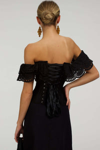 Corset Story SC-036 Alyssum Black Broderie Anglaise Cotton Corset Top with Double Frill Sleeves
