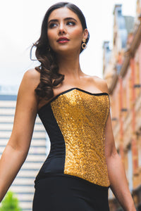 Corset Story WTS534 GOLD SEQUIN AND BLACK SATIN INSTANT SHAPE OVERBUST